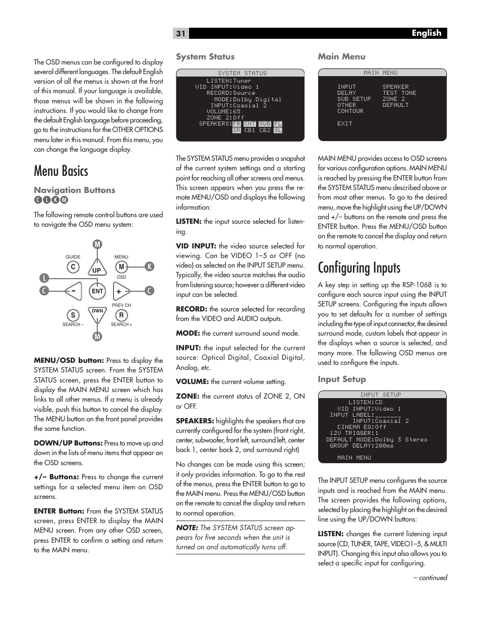 Menu basics, Conﬁguring inputs, Clkm | ROTEL RSP-1068 User Manual | Page 31 / 106