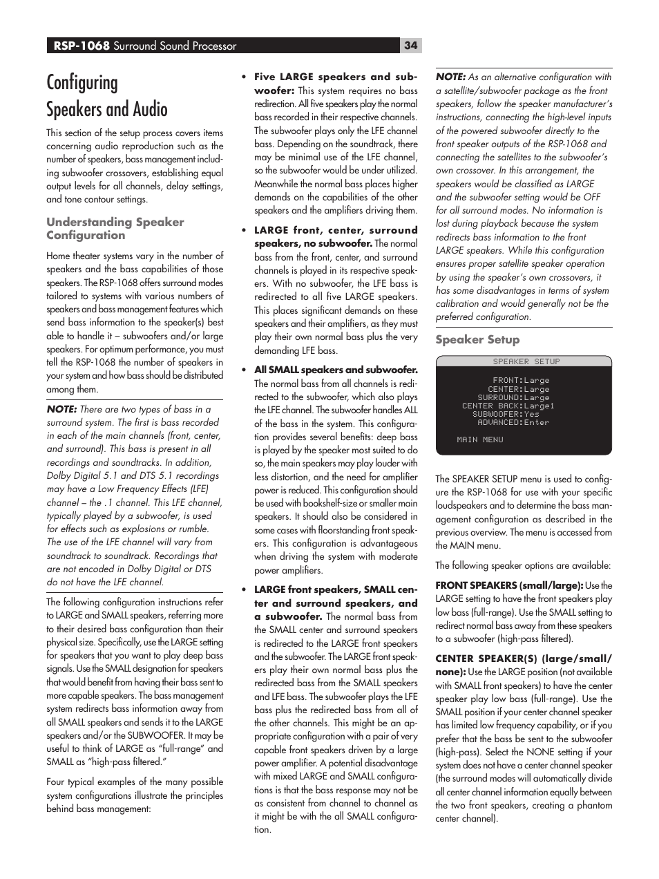 Conﬁguring speakers and audio | ROTEL RSP-1068 User Manual | Page 34 / 106