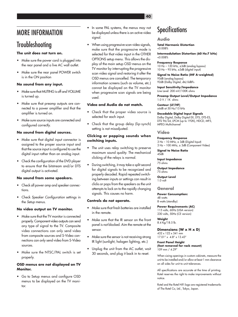 More information troubleshooting, Speciﬁcations | ROTEL RSP-1068 User Manual | Page 40 / 106