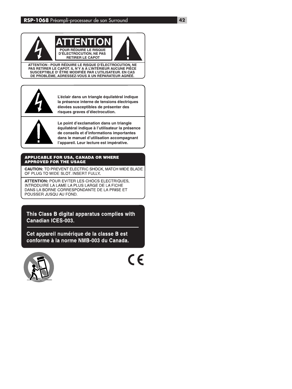 Attention, Préampli-processeur de son surround | ROTEL RSP-1068 User Manual | Page 42 / 106
