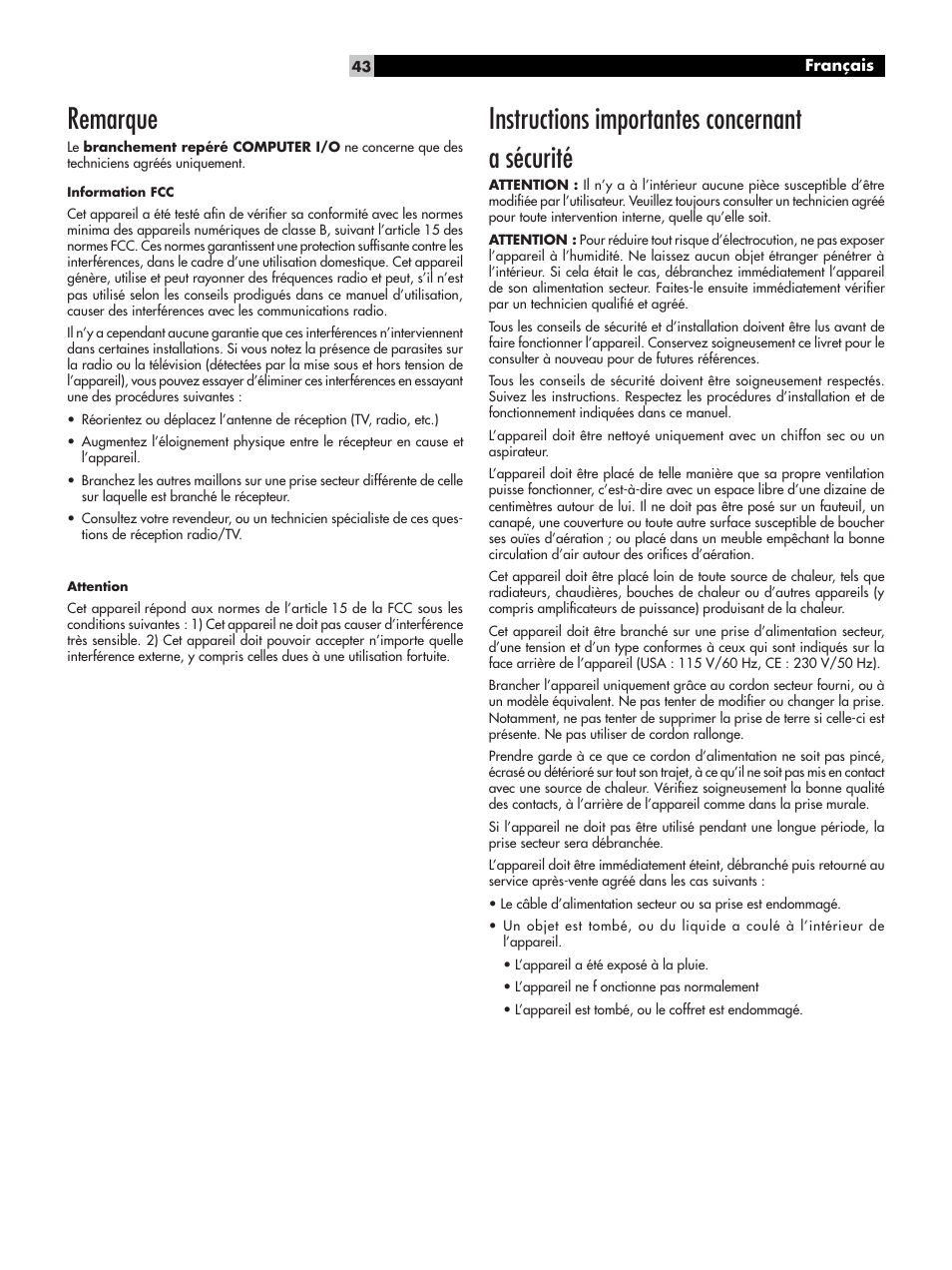 Remarque, Instructions importantes concernant a sécurité | ROTEL RSP-1068 User Manual | Page 43 / 106