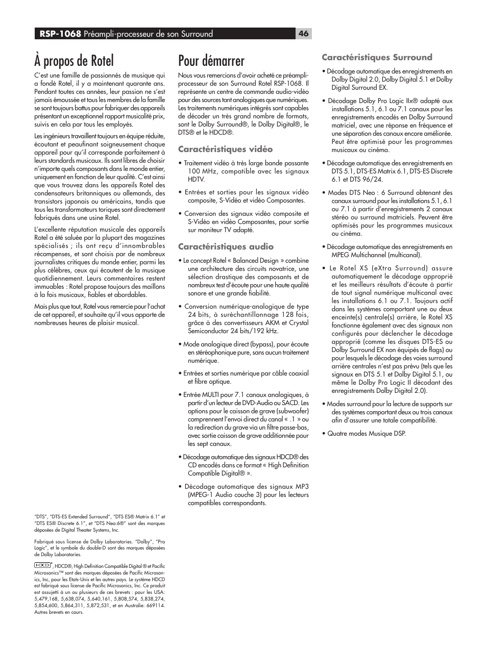 À propos de rotel, Pour démarrer, Caractéristiques vidéo | Caractéristiques audio, Caractéristiques surround, Rsp-1068 préampli-processeur de son surround | ROTEL RSP-1068 User Manual | Page 46 / 106