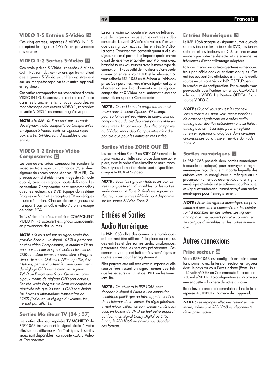 Entrées et sorties audio numériques, Autres connexions | ROTEL RSP-1068 User Manual | Page 49 / 106