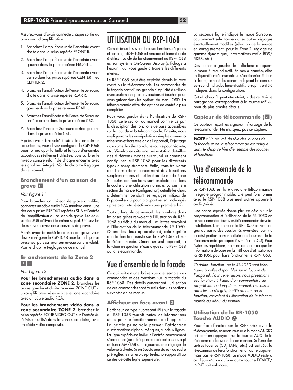 Utilisation du rsp-1068, Vue d’ensemble de la façade, Vue d’ensemble de la télécommande | ROTEL RSP-1068 User Manual | Page 52 / 106