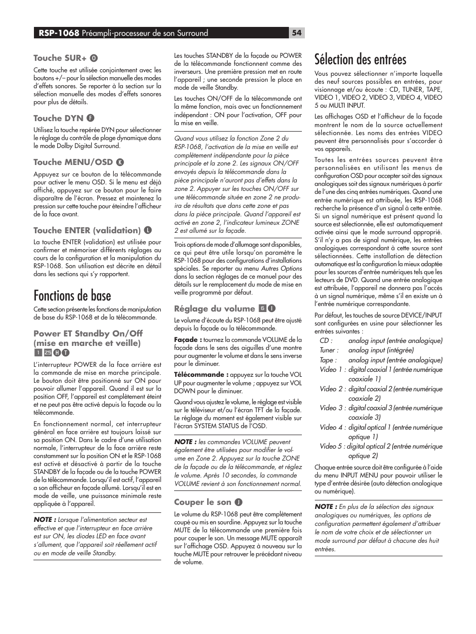 Fonctions de base, Sélection des entrées | ROTEL RSP-1068 User Manual | Page 54 / 106