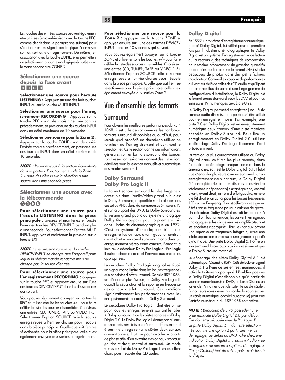 Vue d’ensemble des formats surround, Agdn, Sélectionner une source depuis la face avant | Sélectionner une source avec la télécommande, Dolby surround dolby pro logic ii, Dolby digital, Français | ROTEL RSP-1068 User Manual | Page 55 / 106