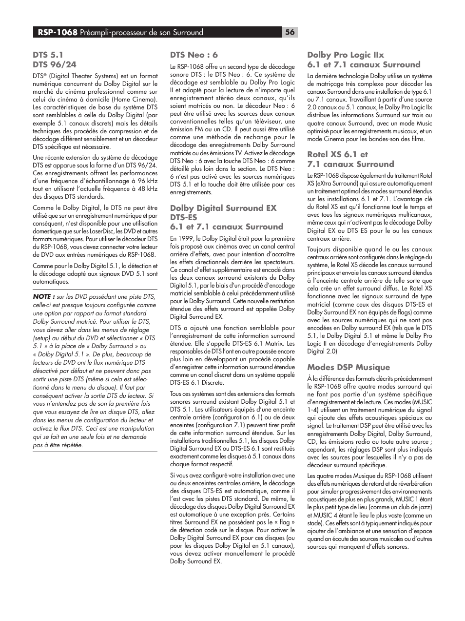 Dts neo : 6, Dolby pro logic iix 6.1 et 7.1 canaux surround, Rotel xs 6.1 et 7.1 canaux surround | Modes dsp musique, Rsp-1068 préampli-processeur de son surround | ROTEL RSP-1068 User Manual | Page 56 / 106