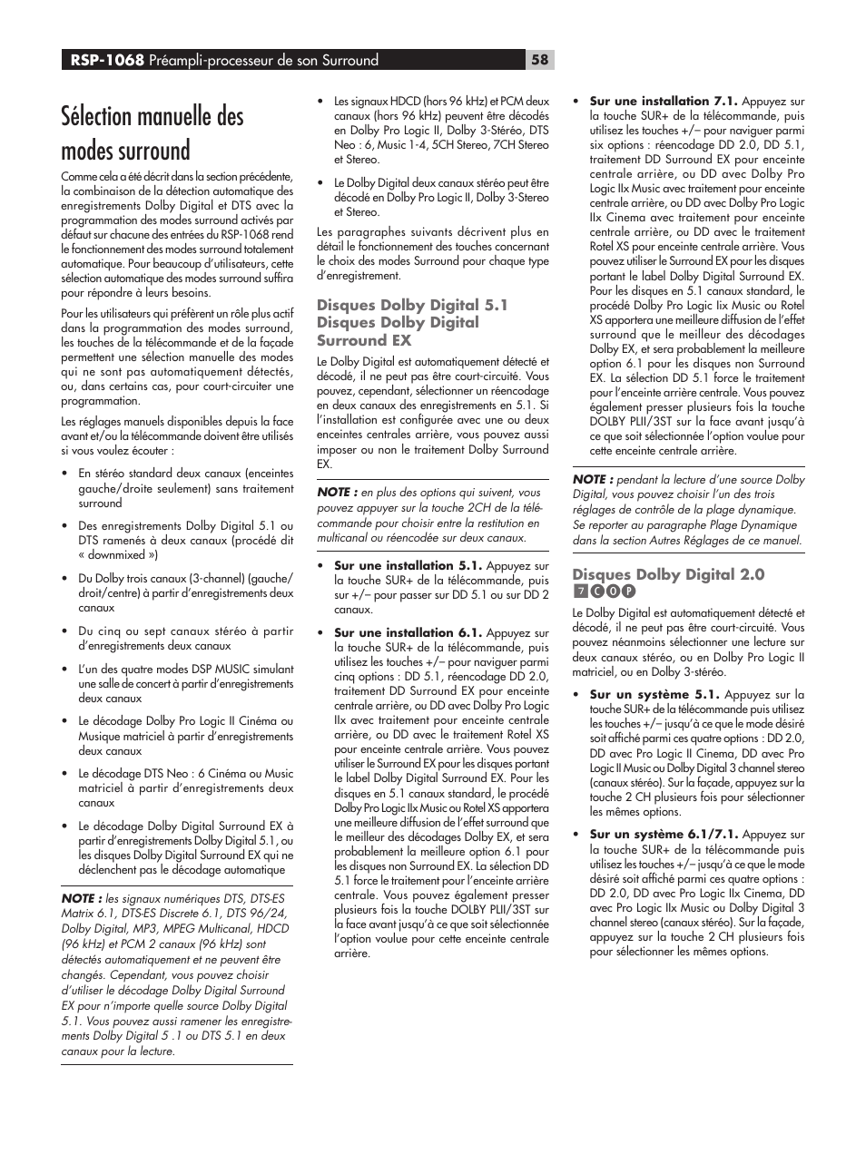 Sélection manuelle des modes surround, Disques dolby digital 2.0, Rsp-1068 préampli-processeur de son surround | ROTEL RSP-1068 User Manual | Page 58 / 106