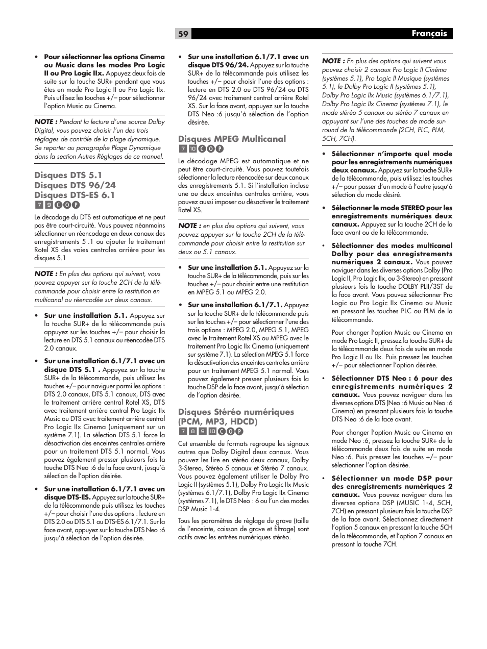 Disques mpeg multicanal, Disques stéréo numériques (pcm, mp3, hdcd), Français | ROTEL RSP-1068 User Manual | Page 59 / 106