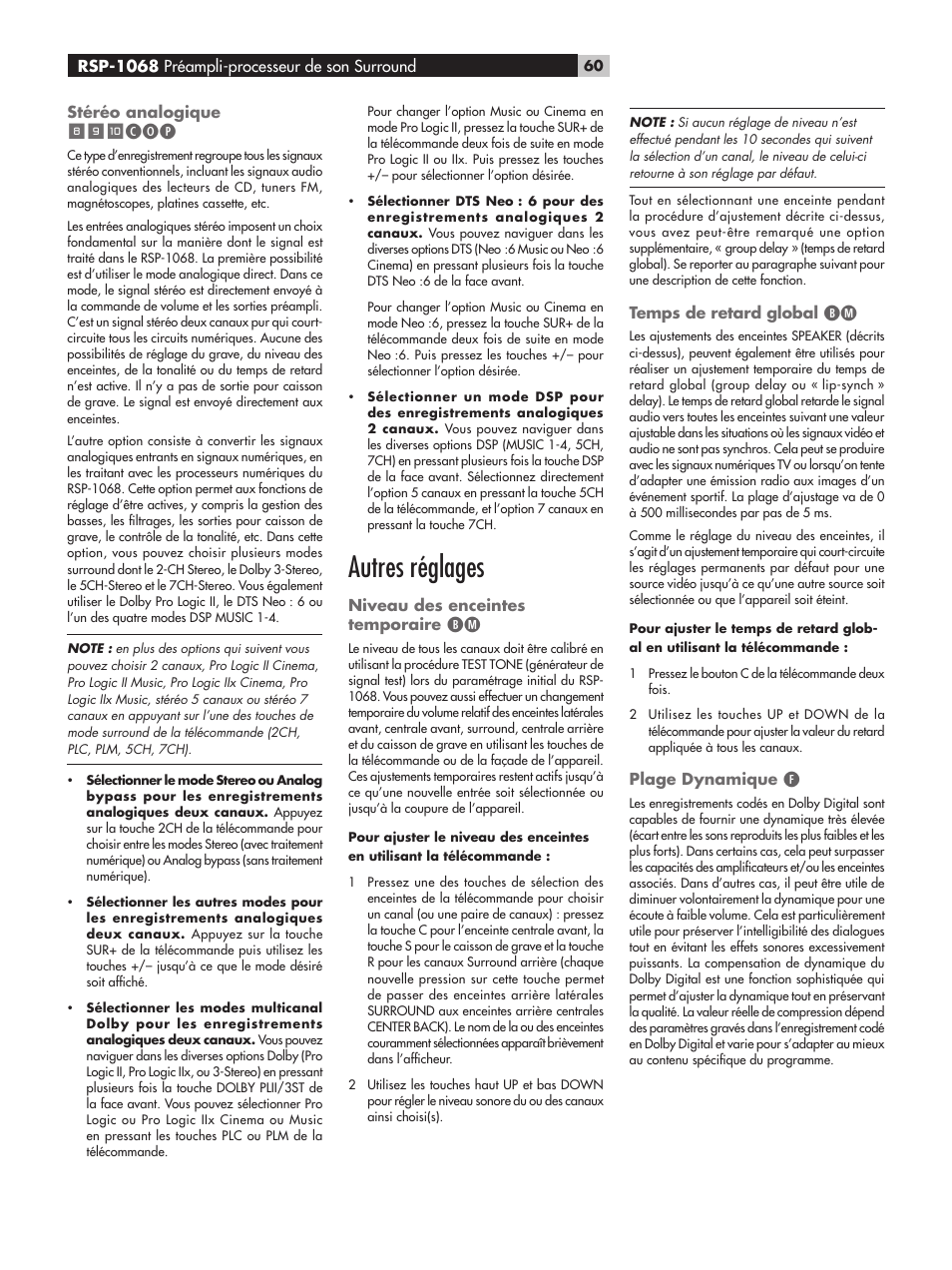 Autres réglages, Stéréo analogique, Niveau des enceintes temporaire | Temps de retard global, Plage dynamique, Rsp-1068 préampli-processeur de son surround | ROTEL RSP-1068 User Manual | Page 60 / 106