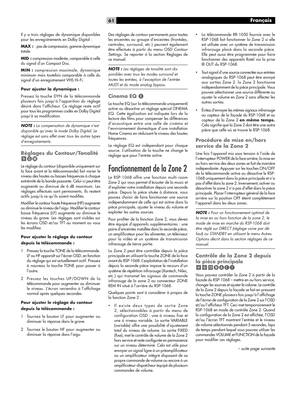 Fonctionnement de la zone 2, Naci, Réglages du contour/tonalité | Cinema eq, Procédure de mise en/hors service de la zone 2, Contrôle de la zone 2 depuis la pièce principale, Français | ROTEL RSP-1068 User Manual | Page 61 / 106