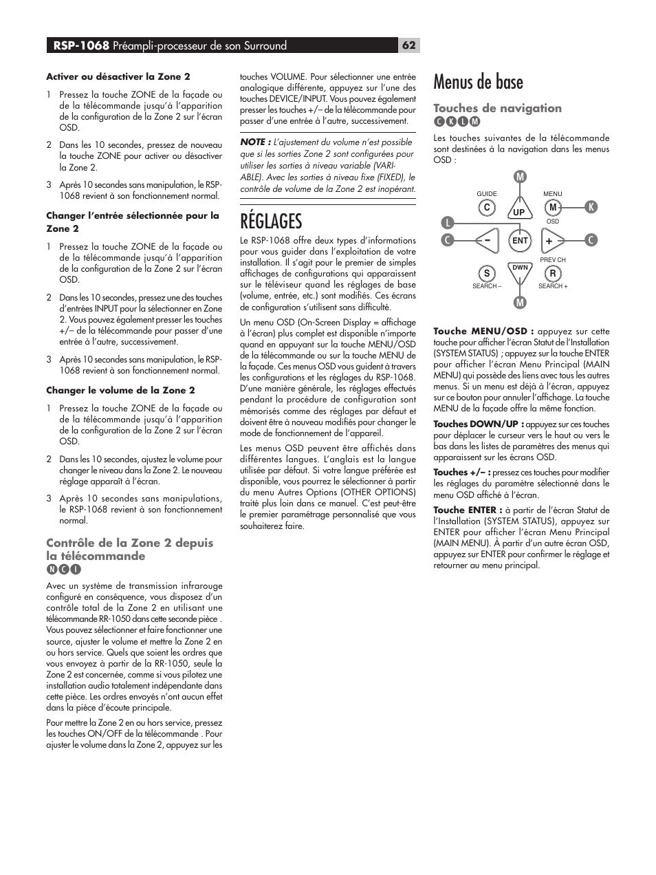 Réglages, Menus de base, Cklm | ROTEL RSP-1068 User Manual | Page 62 / 106