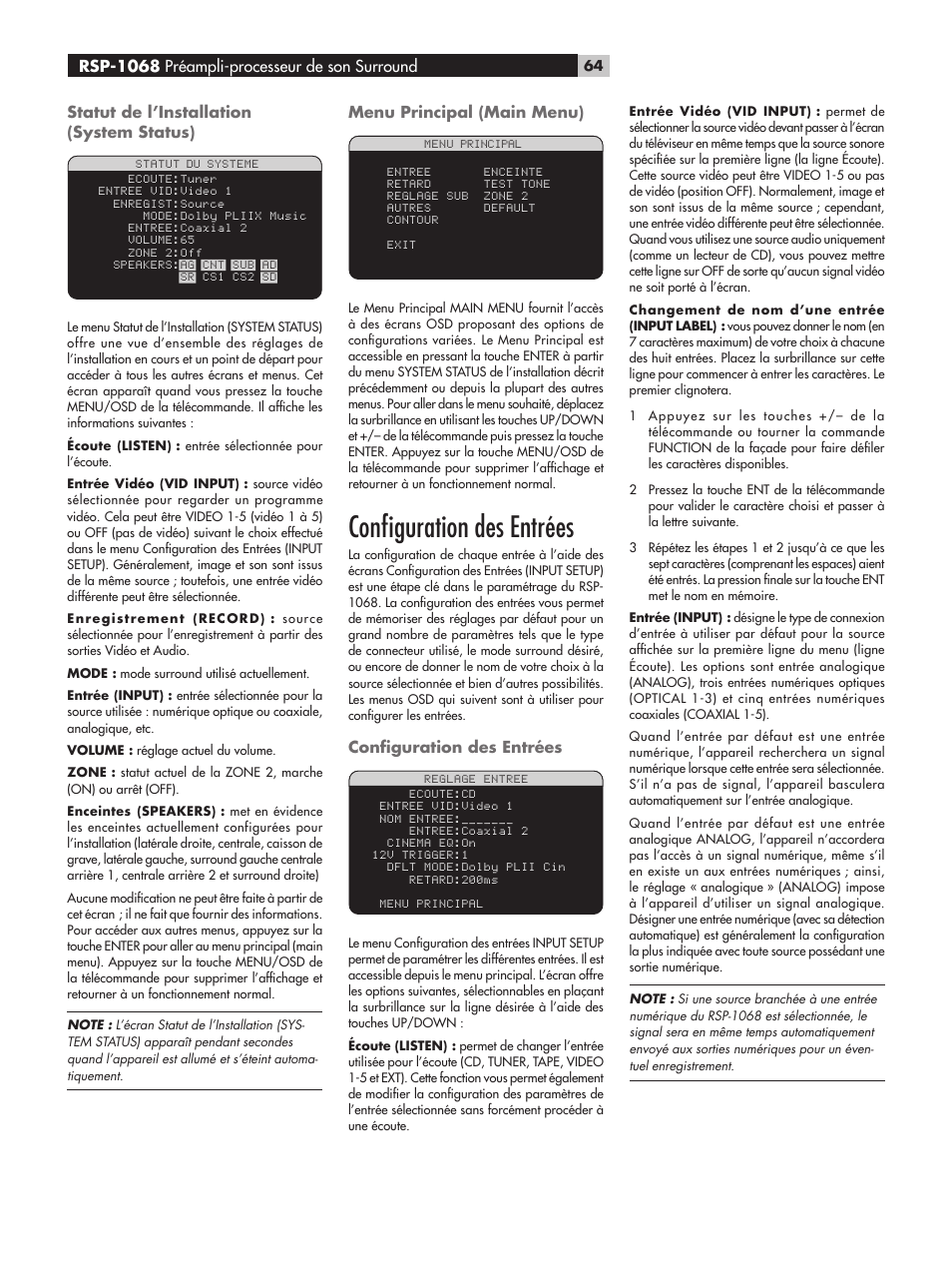 Conﬁguration des entrées, Statut de l’installation (system status), Menu principal (main menu) | Rsp-1068 préampli-processeur de son surround | ROTEL RSP-1068 User Manual | Page 64 / 106
