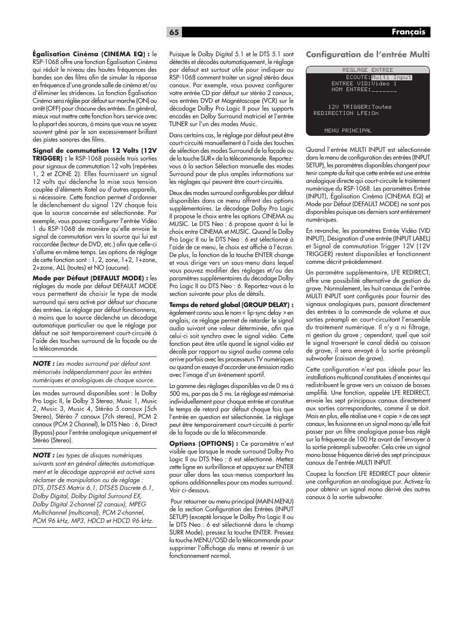 Conﬁguration de l’entrée multi, Français | ROTEL RSP-1068 User Manual | Page 65 / 106