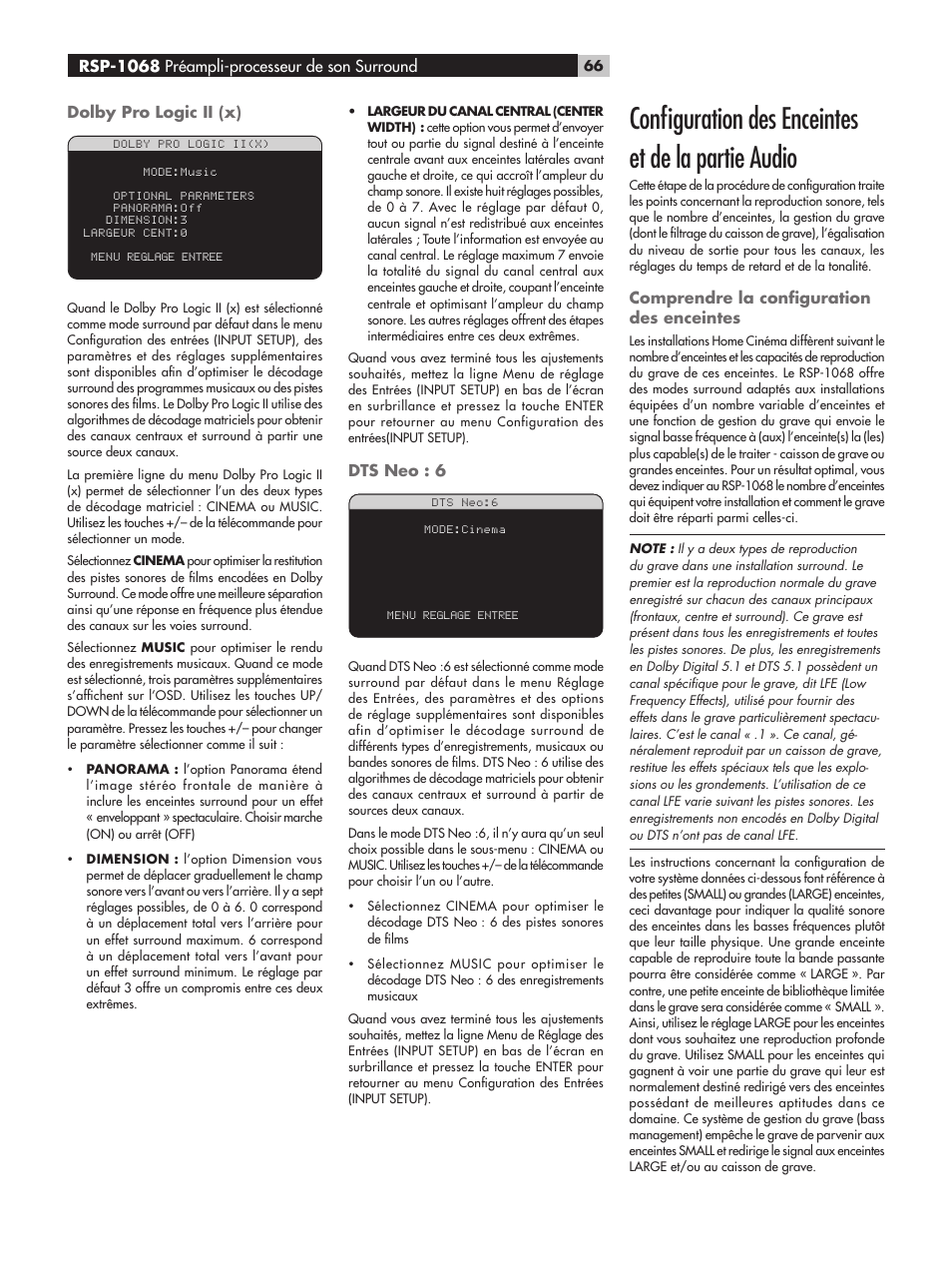Conﬁguration des enceintes et de la partie audio, Dolby pro logic ii (x), Dts neo : 6 | Comprendre la conﬁguration des enceintes, Rsp-1068 préampli-processeur de son surround | ROTEL RSP-1068 User Manual | Page 66 / 106
