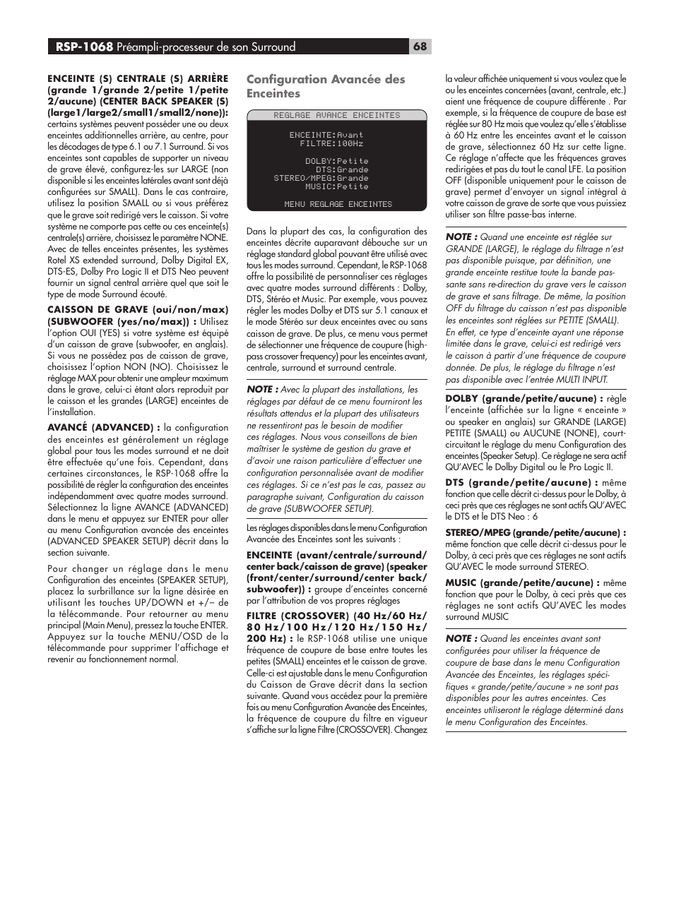 Conﬁguration avancée des enceintes, Rsp-1068 préampli-processeur de son surround | ROTEL RSP-1068 User Manual | Page 68 / 106