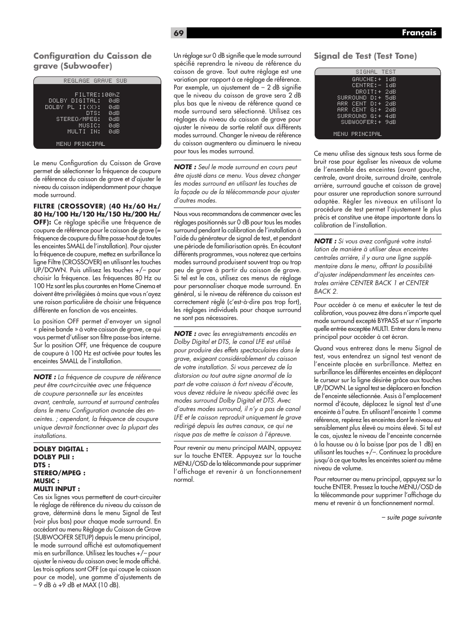 Conﬁguration du caisson de grave (subwoofer), Signal de test (test tone), Français | ROTEL RSP-1068 User Manual | Page 69 / 106