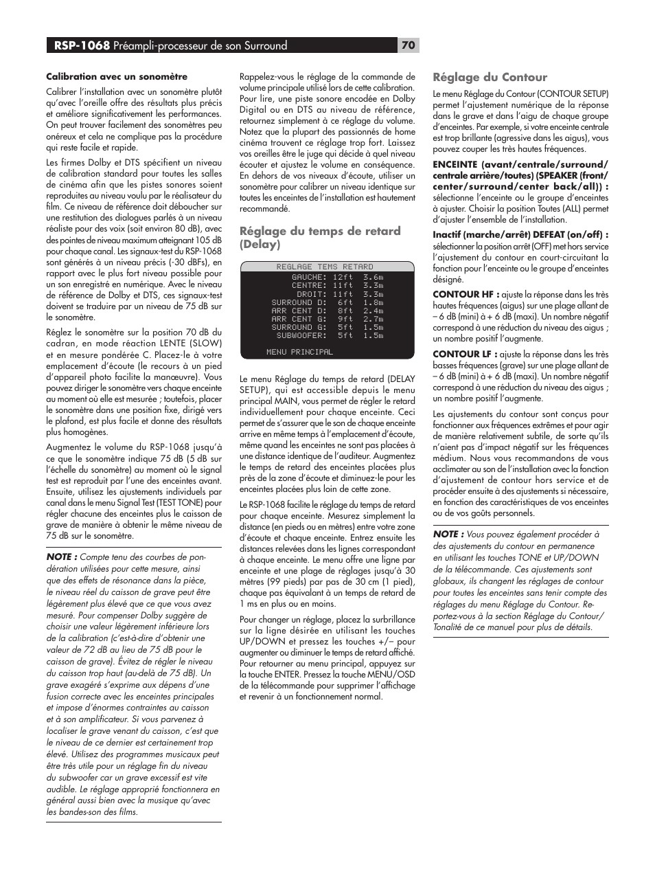 Réglage du temps de retard (delay), Réglage du contour, Rsp-1068 préampli-processeur de son surround | ROTEL RSP-1068 User Manual | Page 70 / 106