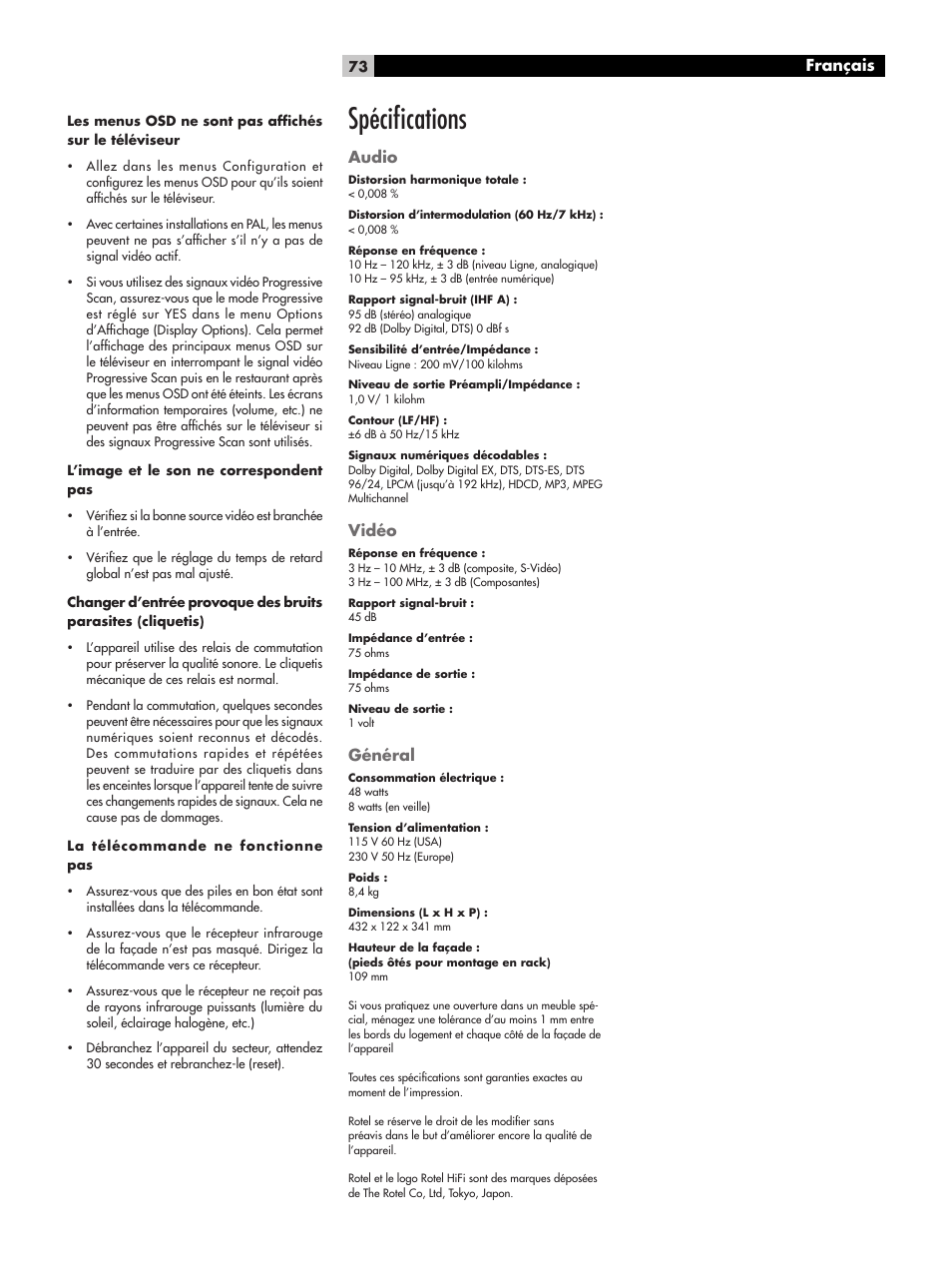 Spéciﬁcations, Français, Audio | Vidéo, Général | ROTEL RSP-1068 User Manual | Page 73 / 106