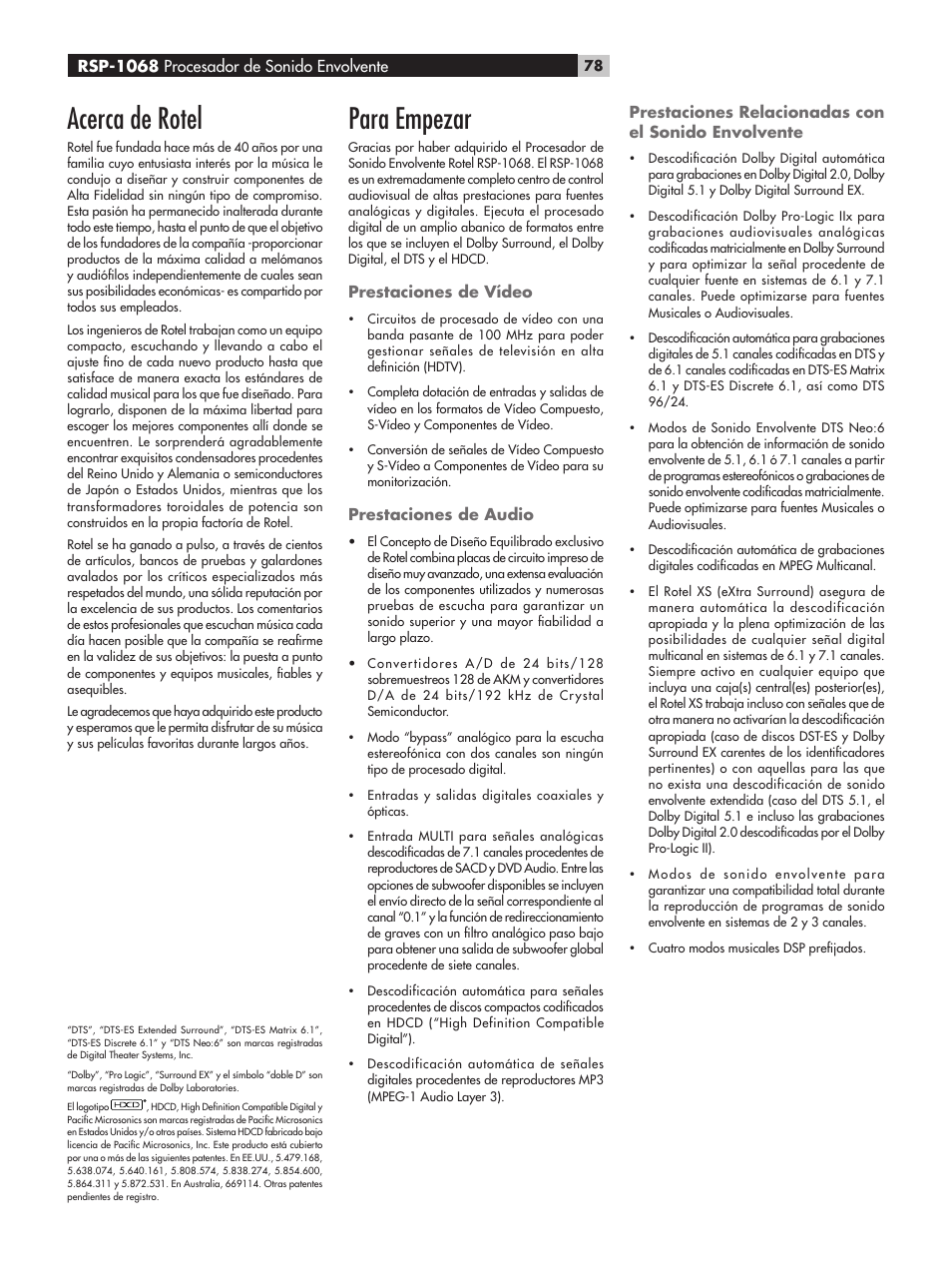 Acerca de rotel, Para empezar, Prestaciones de vídeo | Prestaciones de audio, Prestaciones relacionadas con el sonido envolvente, Rsp-1068 procesador de sonido envolvente | ROTEL RSP-1068 User Manual | Page 78 / 106