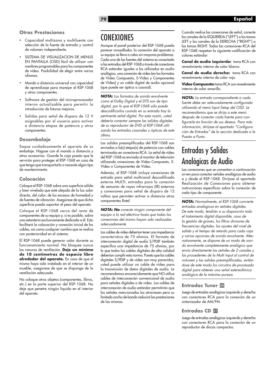 Conexiones, Entradas y salidas analógicas de audio, Otras prestaciones | Desembalaje, Colocación, Entradas tuner, Entradas cd, Español | ROTEL RSP-1068 User Manual | Page 79 / 106