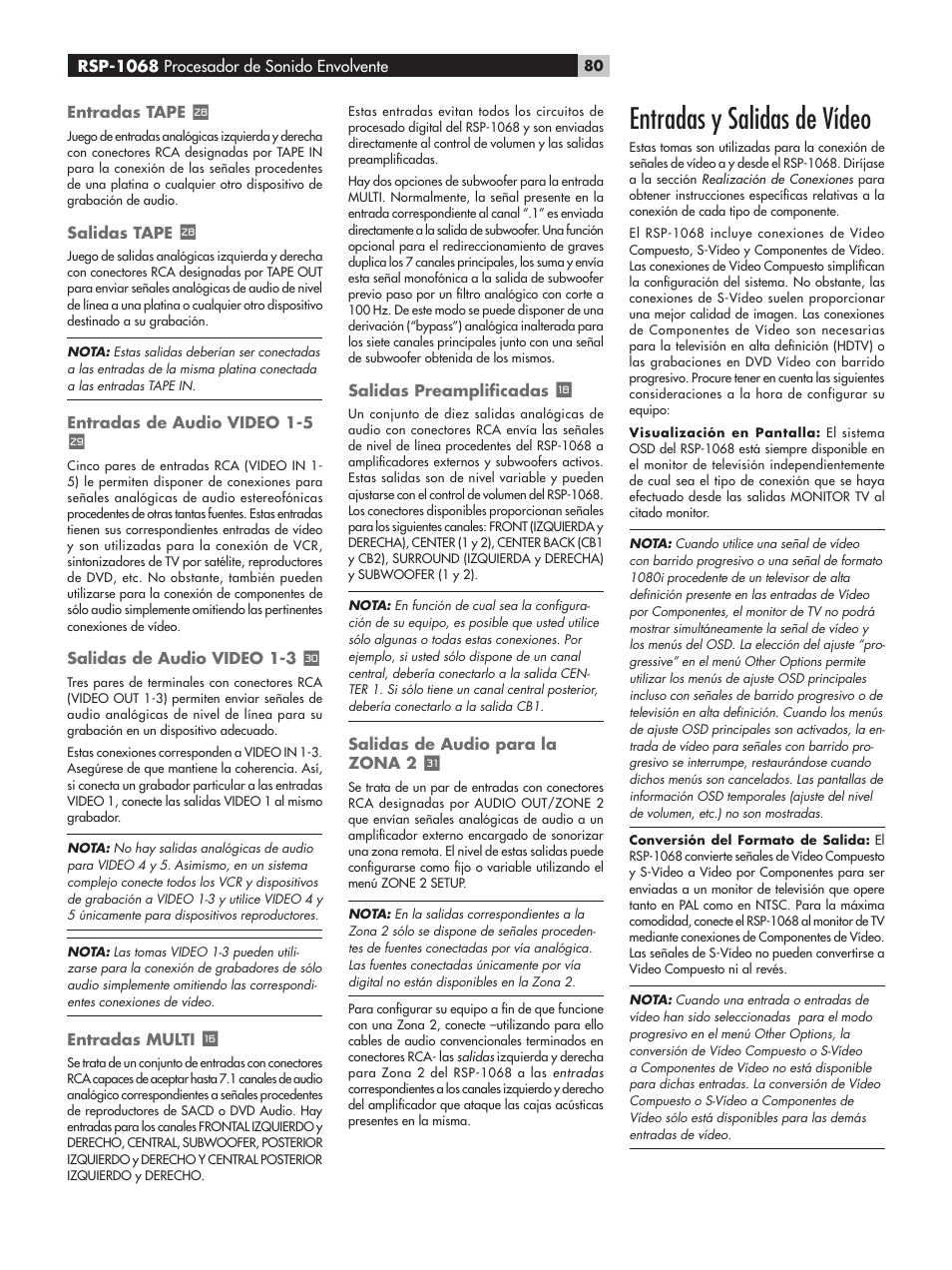 Entradas y salidas de vídeo | ROTEL RSP-1068 User Manual | Page 80 / 106