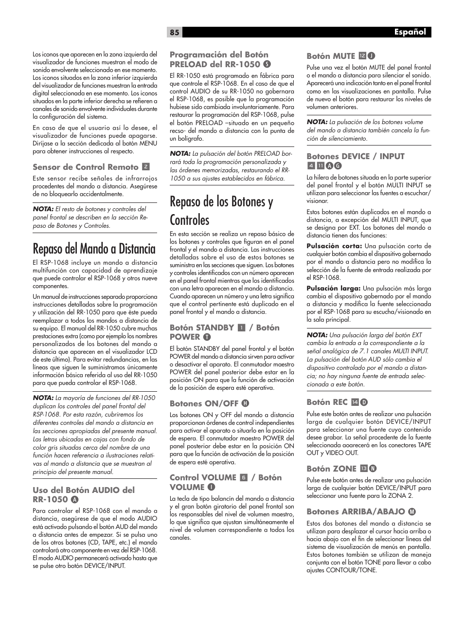 Repaso del mando a distancia, Repaso de los botones y controles | ROTEL RSP-1068 User Manual | Page 85 / 106