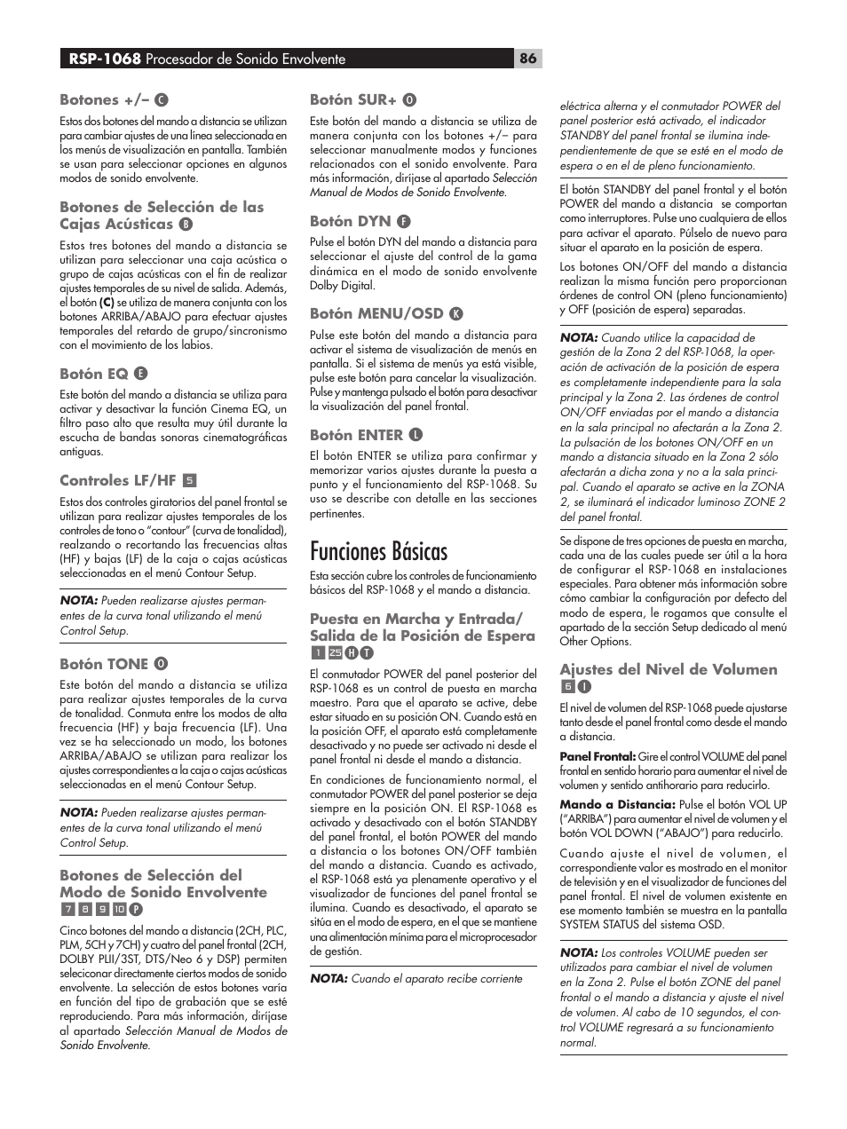 Funciones básicas | ROTEL RSP-1068 User Manual | Page 86 / 106