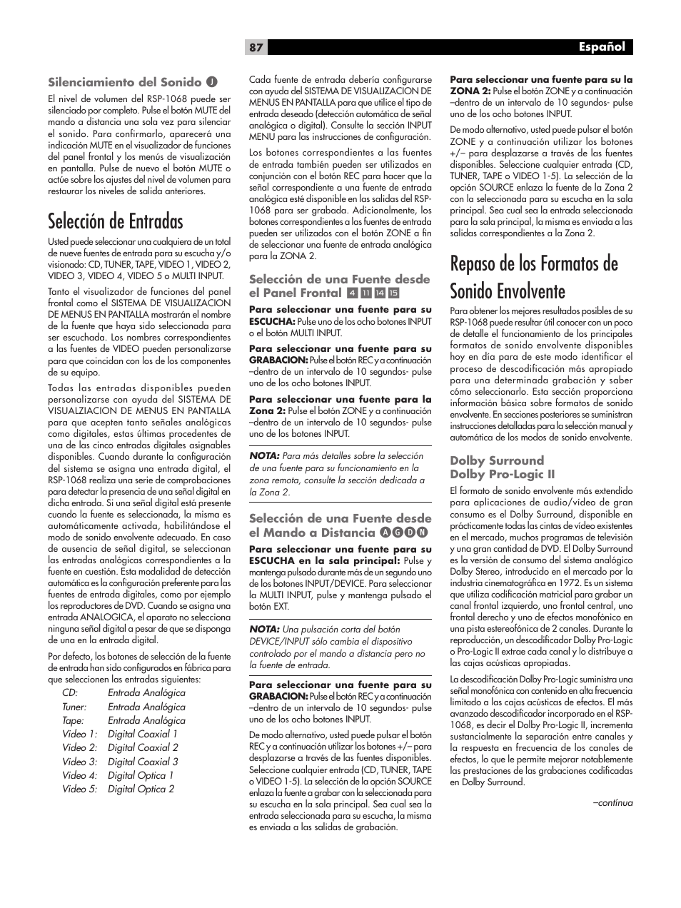 Selección de entradas, Repaso de los formatos de sonido envolvente, Agdn | ROTEL RSP-1068 User Manual | Page 87 / 106