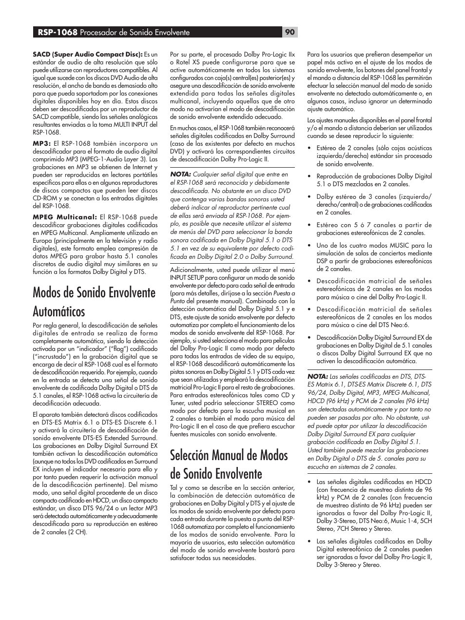 Modos de sonido envolvente automáticos, Selección manual de modos de sonido envolvente, Rsp-1068 procesador de sonido envolvente | ROTEL RSP-1068 User Manual | Page 90 / 106