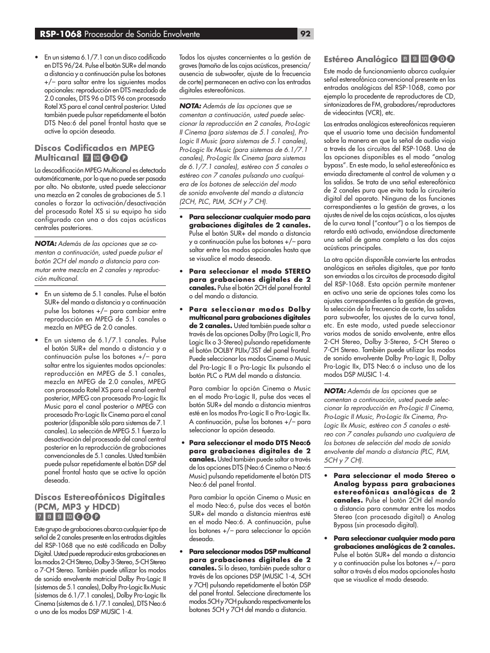 Discos codiﬁcados en mpeg multicanal, Discos estereofónicos digitales (pcm, mp3 y hdcd), Estéreo analógico | Rsp-1068 procesador de sonido envolvente | ROTEL RSP-1068 User Manual | Page 92 / 106