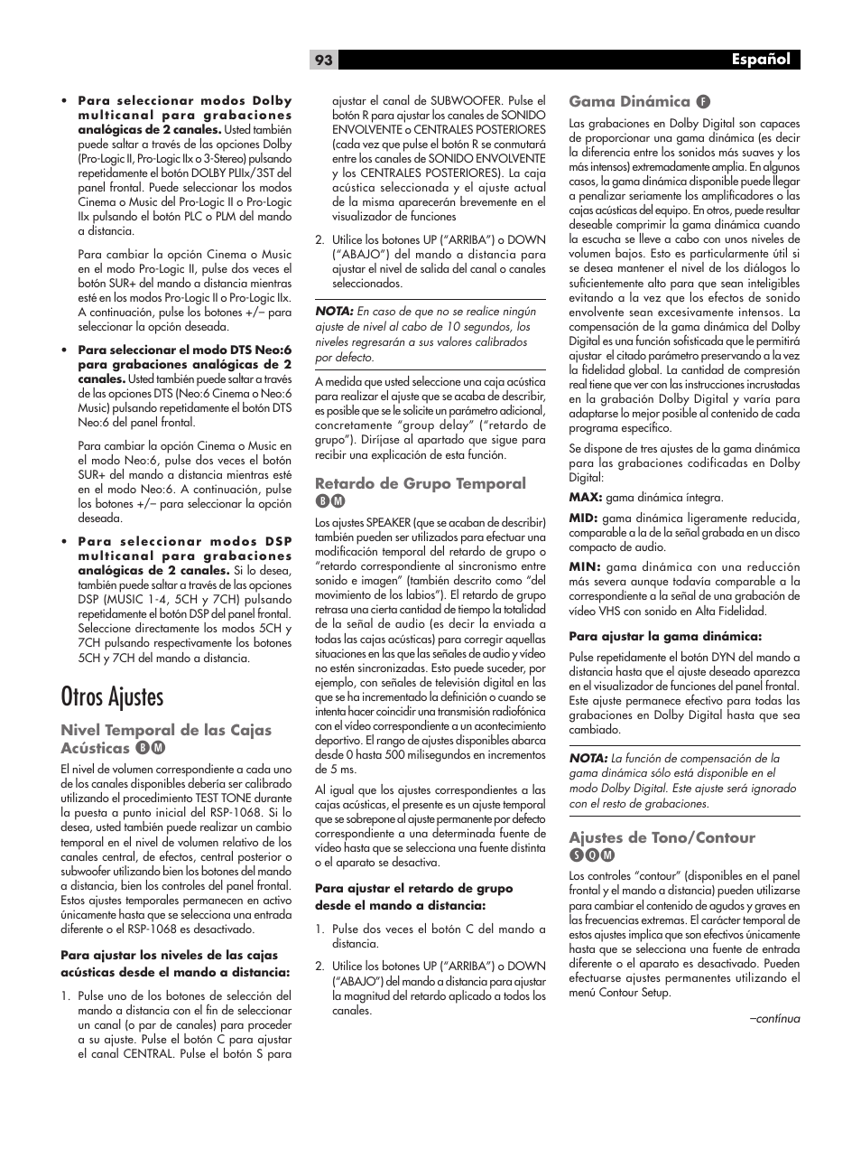 Otros ajustes, Nivel temporal de las cajas acústicas, Retardo de grupo temporal | Gama dinámica, Ajustes de tono/contour, Español | ROTEL RSP-1068 User Manual | Page 93 / 106