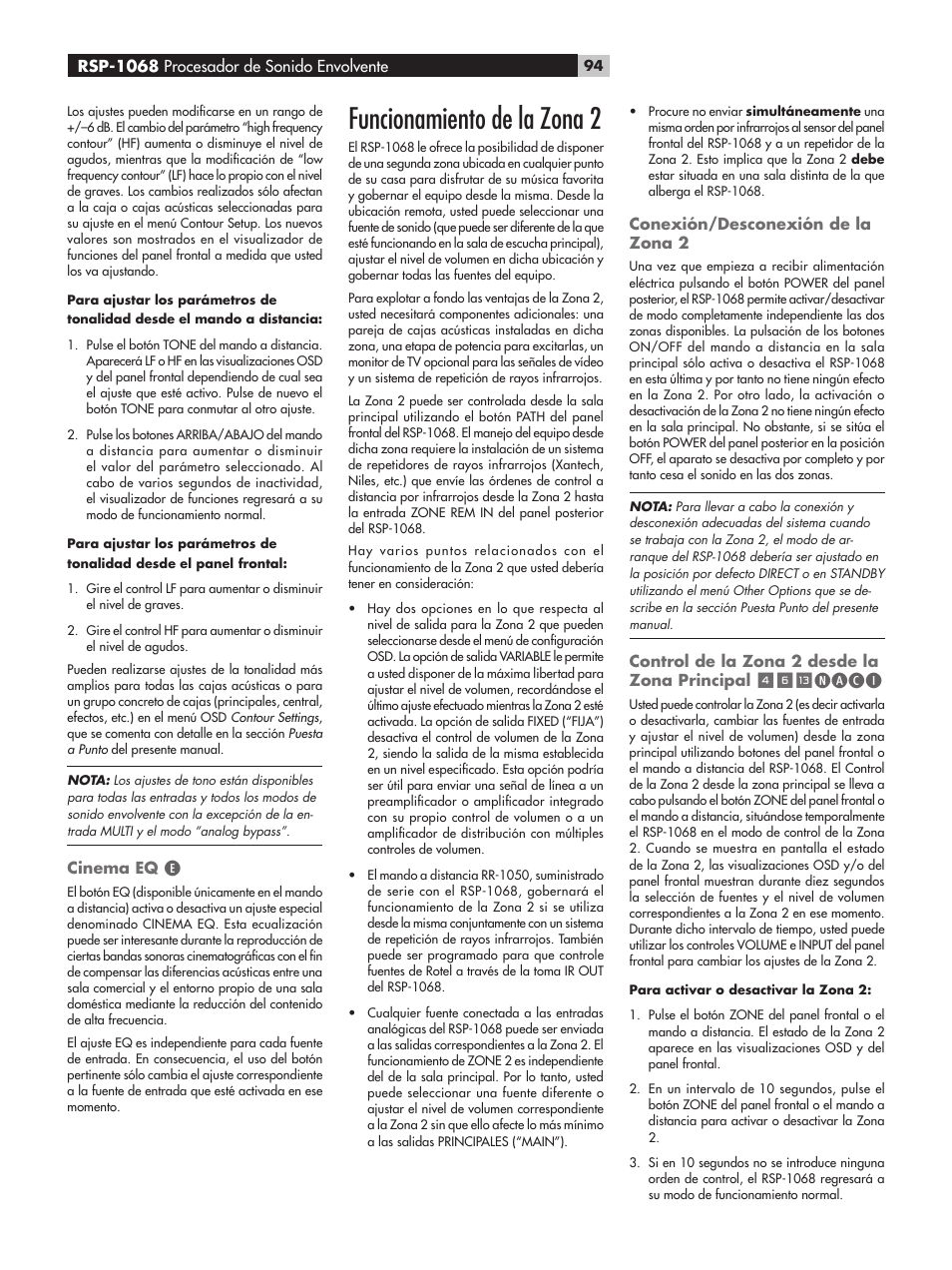 Funcionamiento de la zona 2, Naci, Cinema eq | Conexión/desconexión de la zona 2, Control de la zona 2 desde la zona principal, Rsp-1068 procesador de sonido envolvente | ROTEL RSP-1068 User Manual | Page 94 / 106
