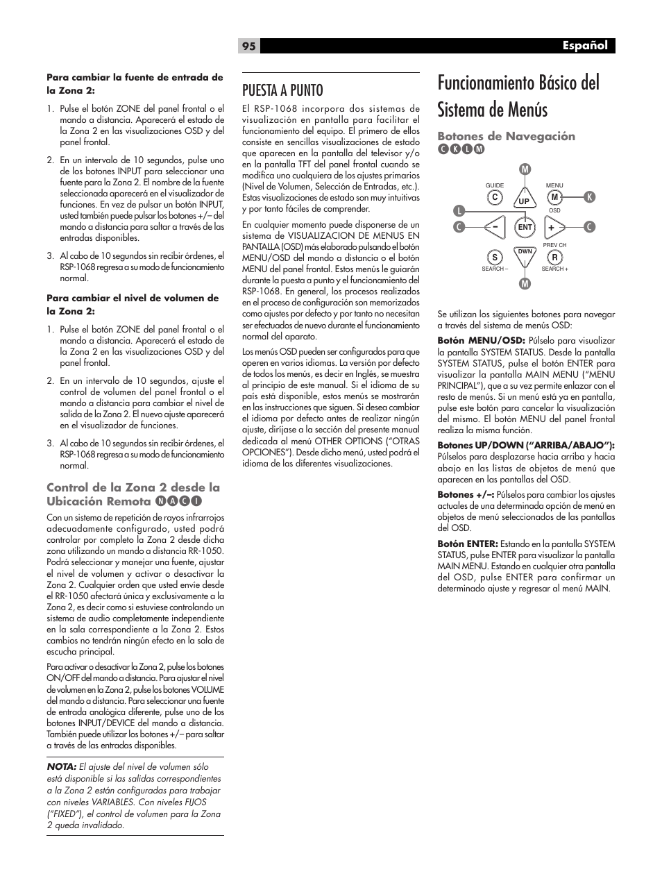 Funcionamiento básico del sistema de menús, Puesta a punto, Naci | Cklm | ROTEL RSP-1068 User Manual | Page 95 / 106