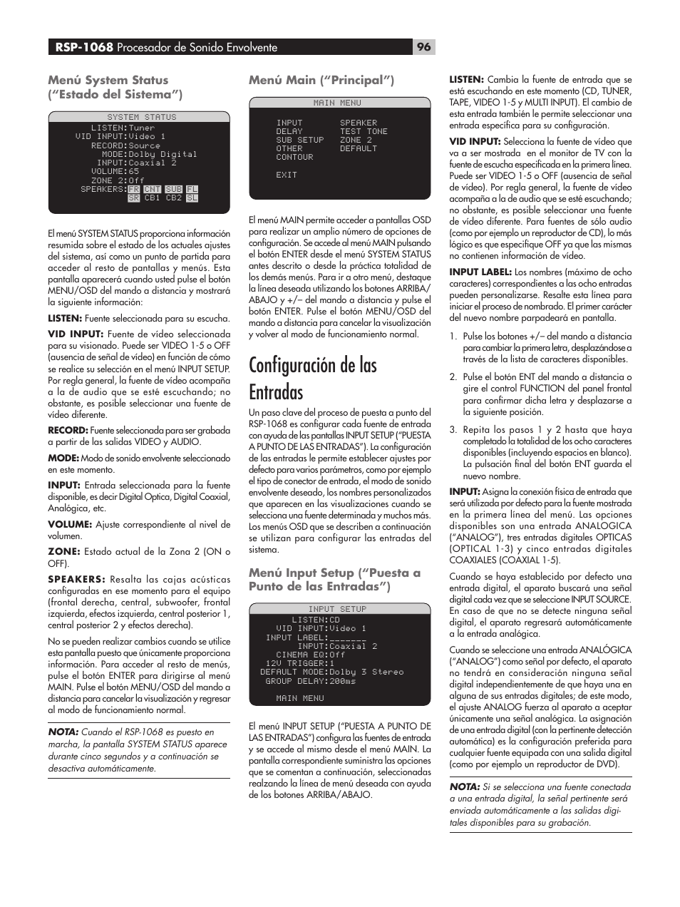 Conﬁguración de las entradas, Menú system status (“estado del sistema”), Menú main (“principal”) | Rsp-1068 procesador de sonido envolvente | ROTEL RSP-1068 User Manual | Page 96 / 106
