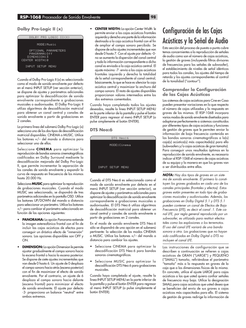 Dolby pro-logic ii (x), Dts neo:6, Comprender la conﬁguración de las cajas acústicas | Rsp-1068 procesador de sonido envolvente | ROTEL RSP-1068 User Manual | Page 98 / 106