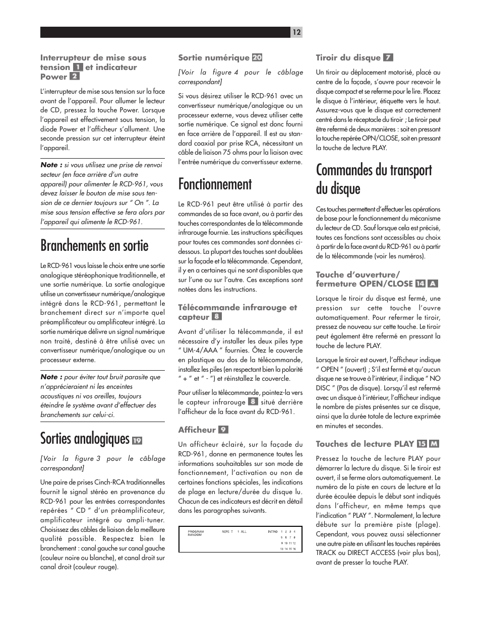 Branchements en sortie, Sorties analogiques, Fonctionnement | Commandes du transport du disque | ROTEL RCD-961 User Manual | Page 12 / 34