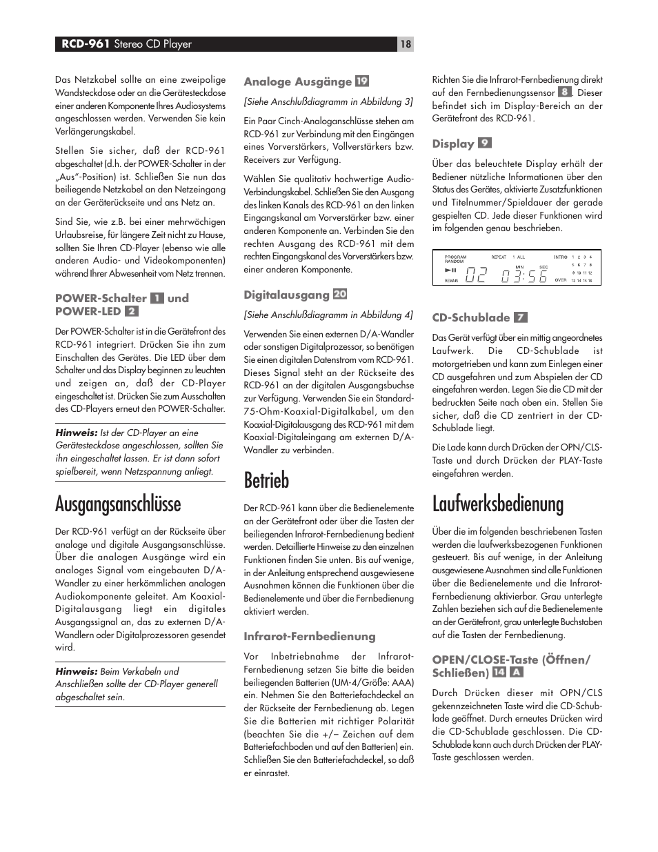 Ausgangsanschlüsse, Betrieb, Laufwerksbedienung | ROTEL RCD-961 User Manual | Page 18 / 34