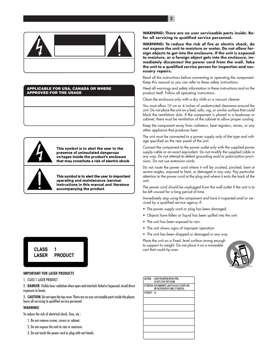 Caution, Risk of electric shock do not open | ROTEL RCD-961 User Manual | Page 2 / 34