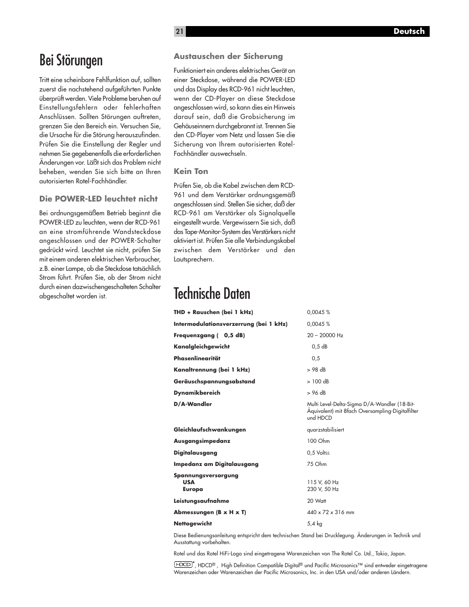 Bei störungen, Technische daten, Die power-led leuchtet nicht | Austauschen der sicherung, Kein ton, Deutsch | ROTEL RCD-961 User Manual | Page 21 / 34