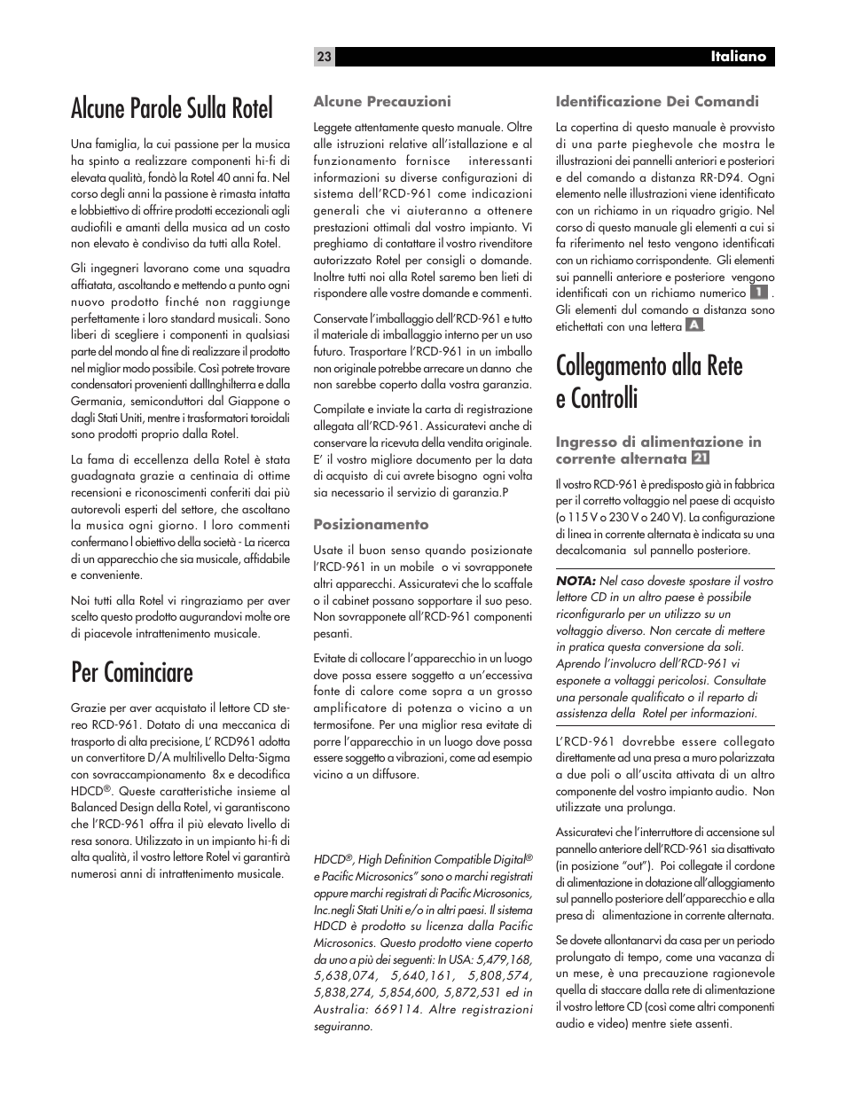 Alcune parole sulla rotel, Per cominciare, Collegamento alla rete e controlli | ROTEL RCD-961 User Manual | Page 23 / 34