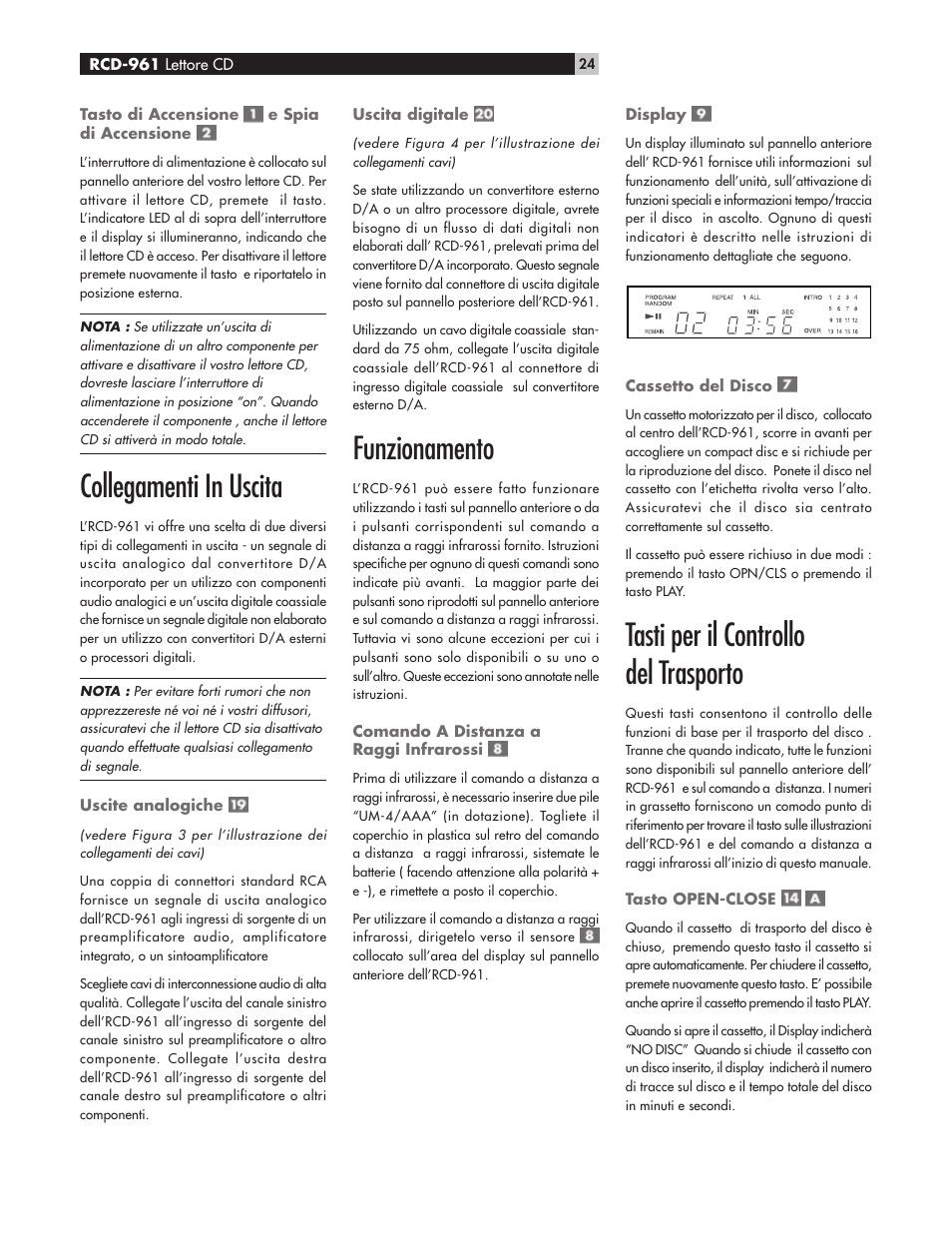Collegamenti in uscita, Funzionamento, Tasti per il controllo del trasporto | ROTEL RCD-961 User Manual | Page 24 / 34