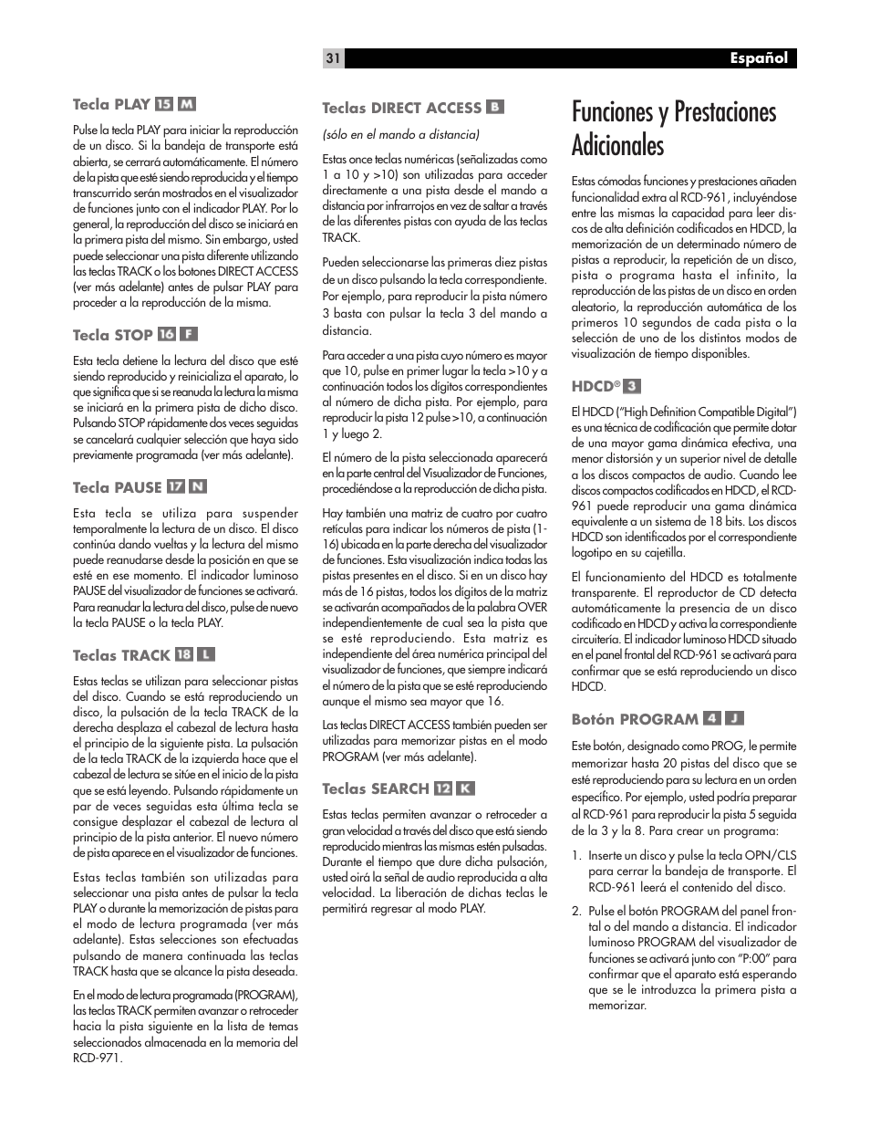 Funciones y prestaciones adicionales | ROTEL RCD-961 User Manual | Page 31 / 34