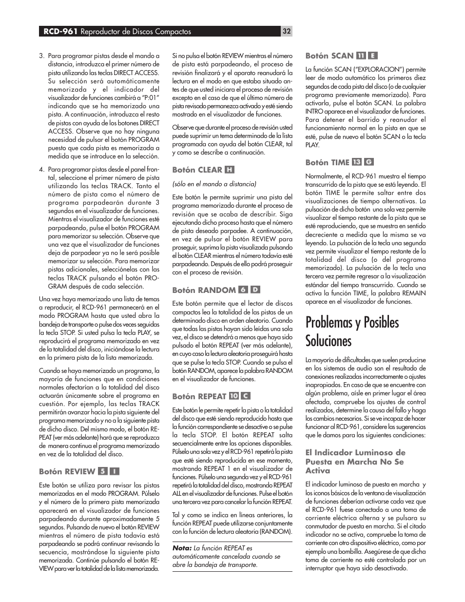 Problemas y posibles soluciones | ROTEL RCD-961 User Manual | Page 32 / 34