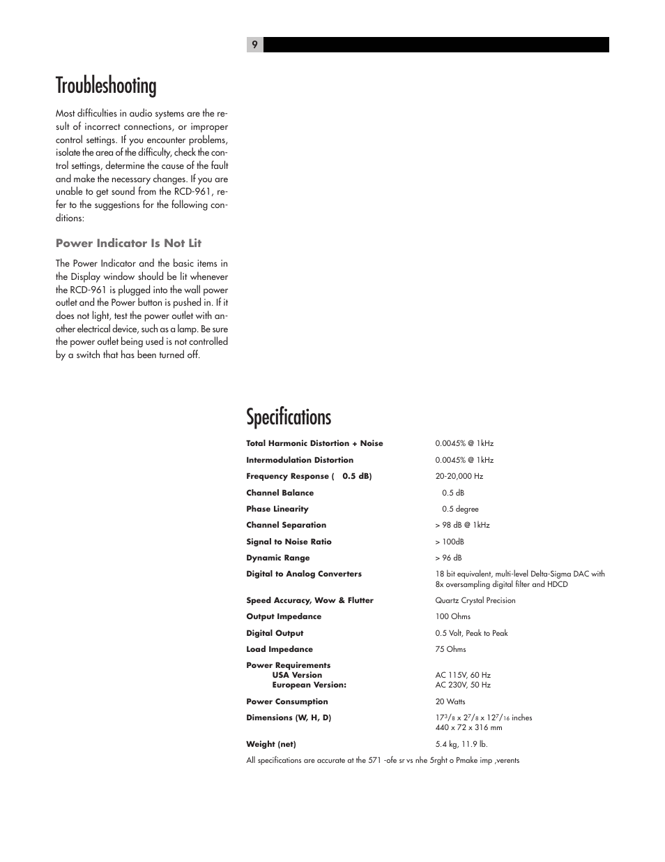 Troubleshooting, Specifications, Power indicator is not lit | ROTEL RCD-961 User Manual | Page 9 / 34