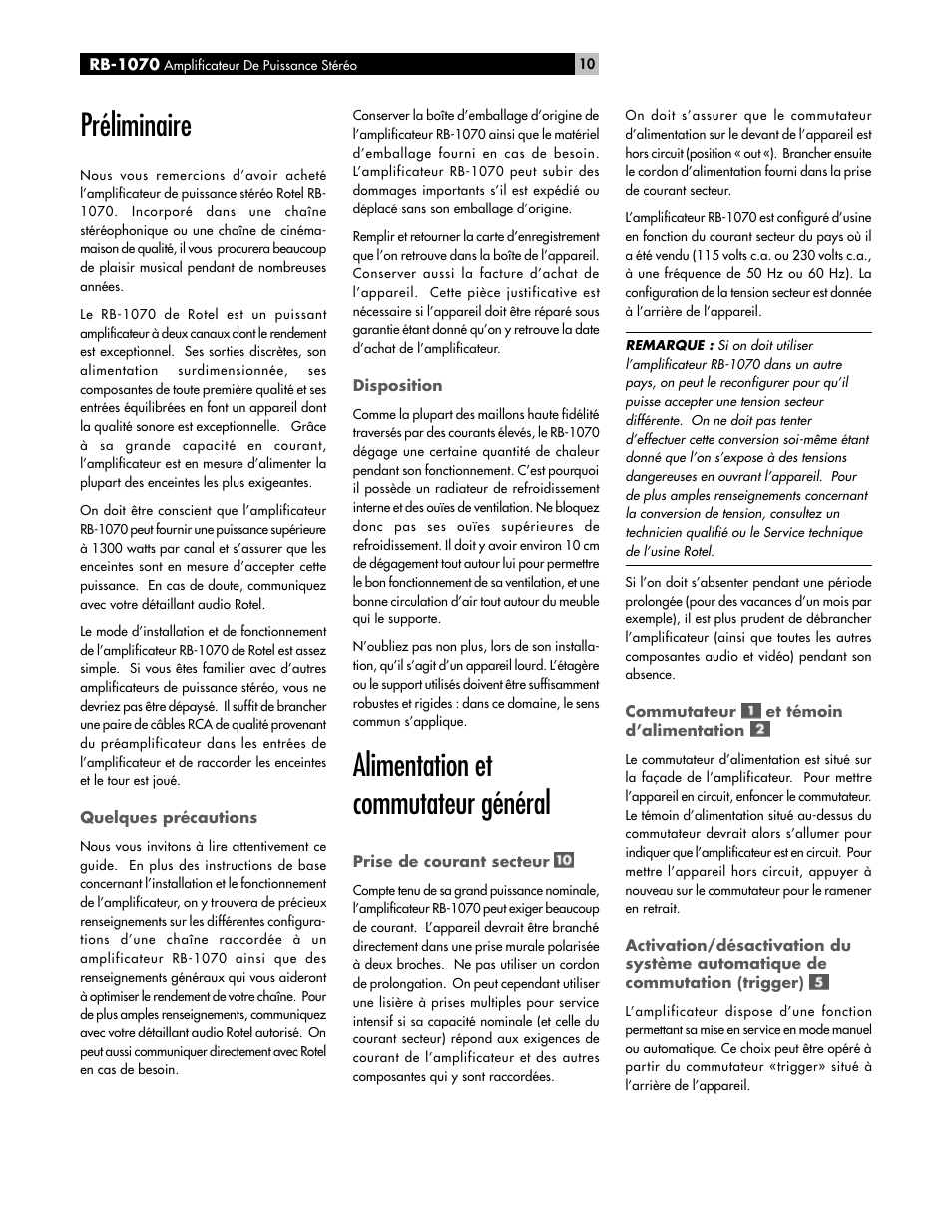 Préliminaire, Alimentation et commutateur général | ROTEL High Current Two Channel Amplifier RB-1070 User Manual | Page 10 / 35