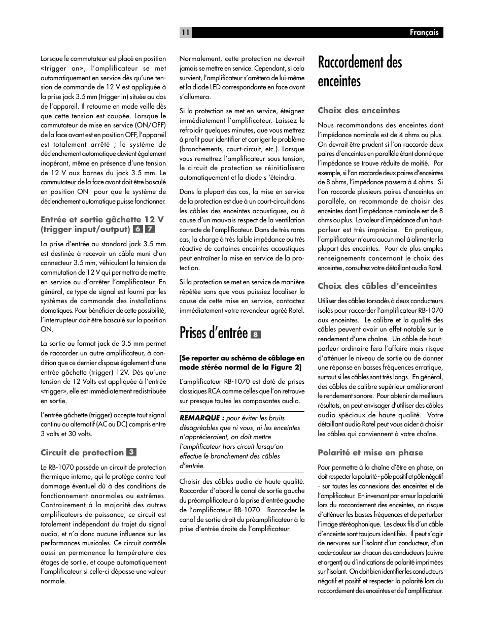Prises d’entrée, Raccordement des enceintes | ROTEL High Current Two Channel Amplifier RB-1070 User Manual | Page 11 / 35
