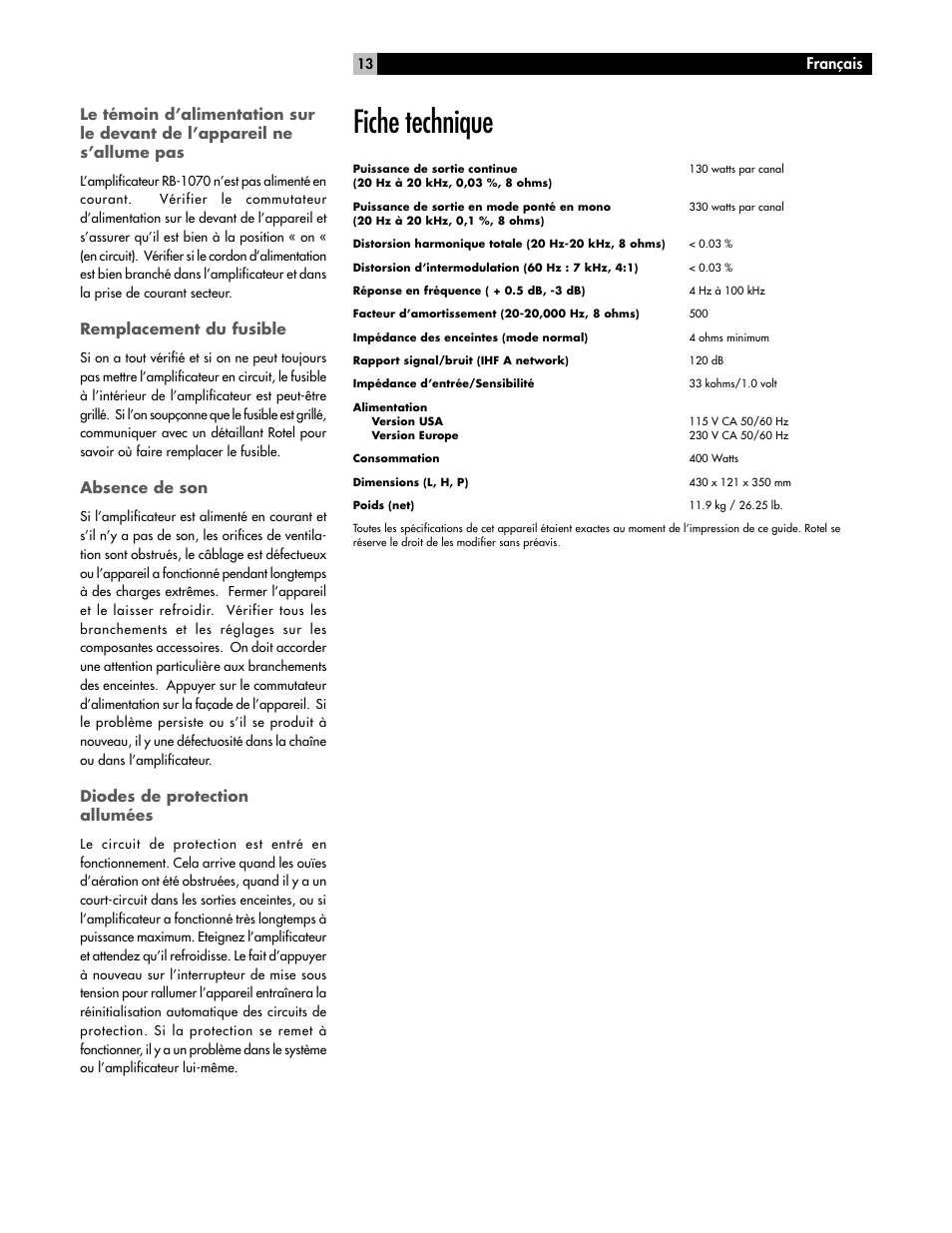 Fiche technique, Remplacement du fusible, Absence de son | Diodes de protection allumées | ROTEL High Current Two Channel Amplifier RB-1070 User Manual | Page 13 / 35