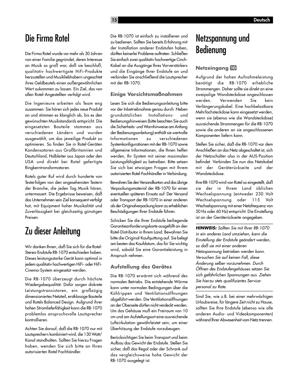 Die firma rotel, Zu dieser anleitung, Netzspannung und bedienung | ROTEL High Current Two Channel Amplifier RB-1070 User Manual | Page 15 / 35