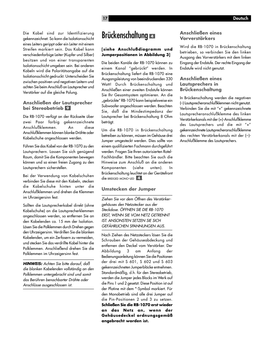 Brückenschaltung | ROTEL High Current Two Channel Amplifier RB-1070 User Manual | Page 17 / 35